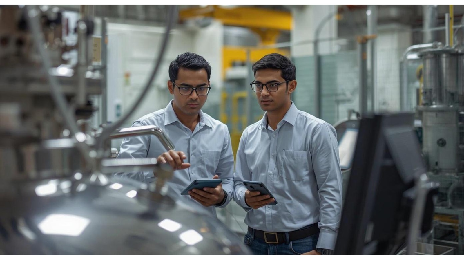 Chemical batch production in progress — operator at mixing reactor monitoring batch parameters on a factory floor