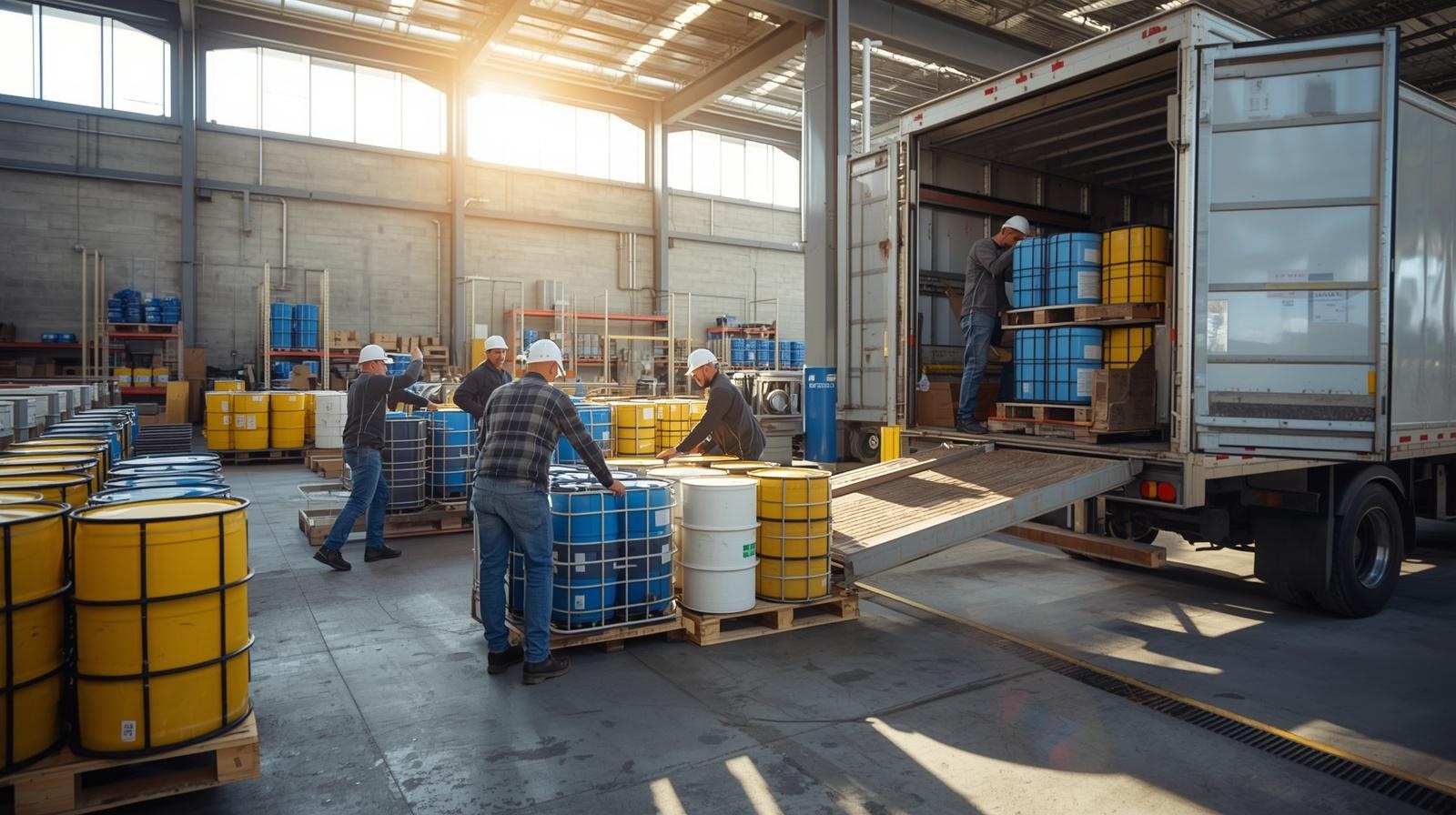 Chemical warehouse dispatch area with HDPE drums being labelled and loaded for outbound delivery