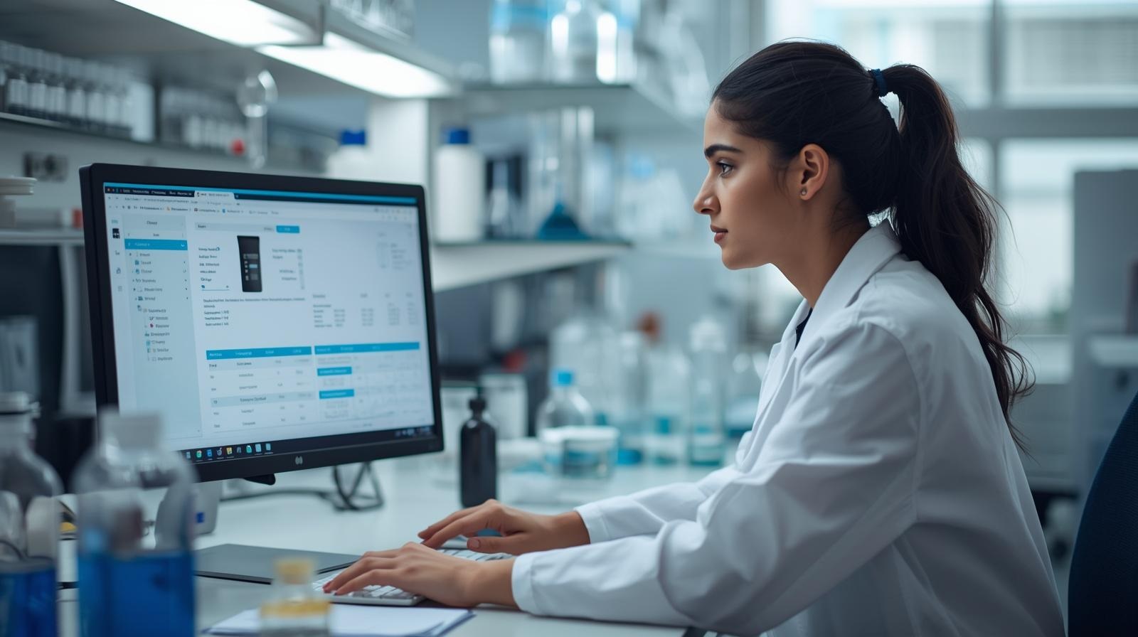 Chemist reviewing product recipe and bill of materials on a computer screen in a chemical laboratory