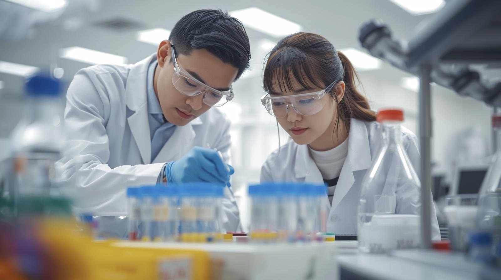 QC lab technician testing chemical samples against specification parameters in a well-equipped quality control laboratory