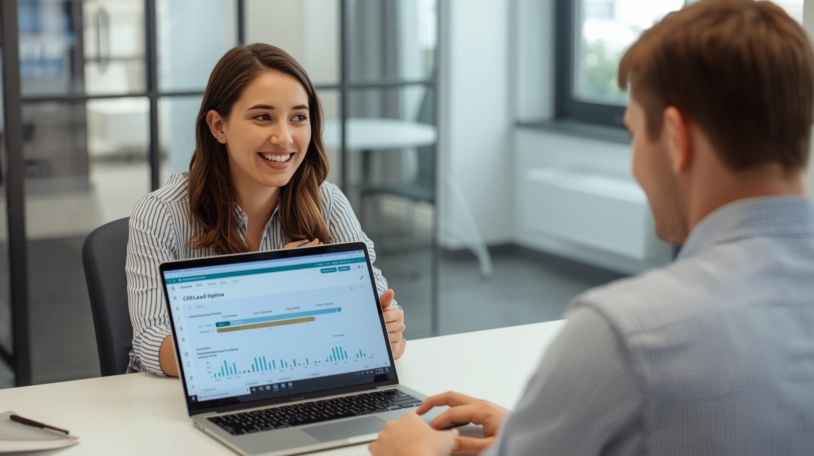 Admissions counsellor at desk speaking with a prospective student, laptop open with CRM lead pipeline visible