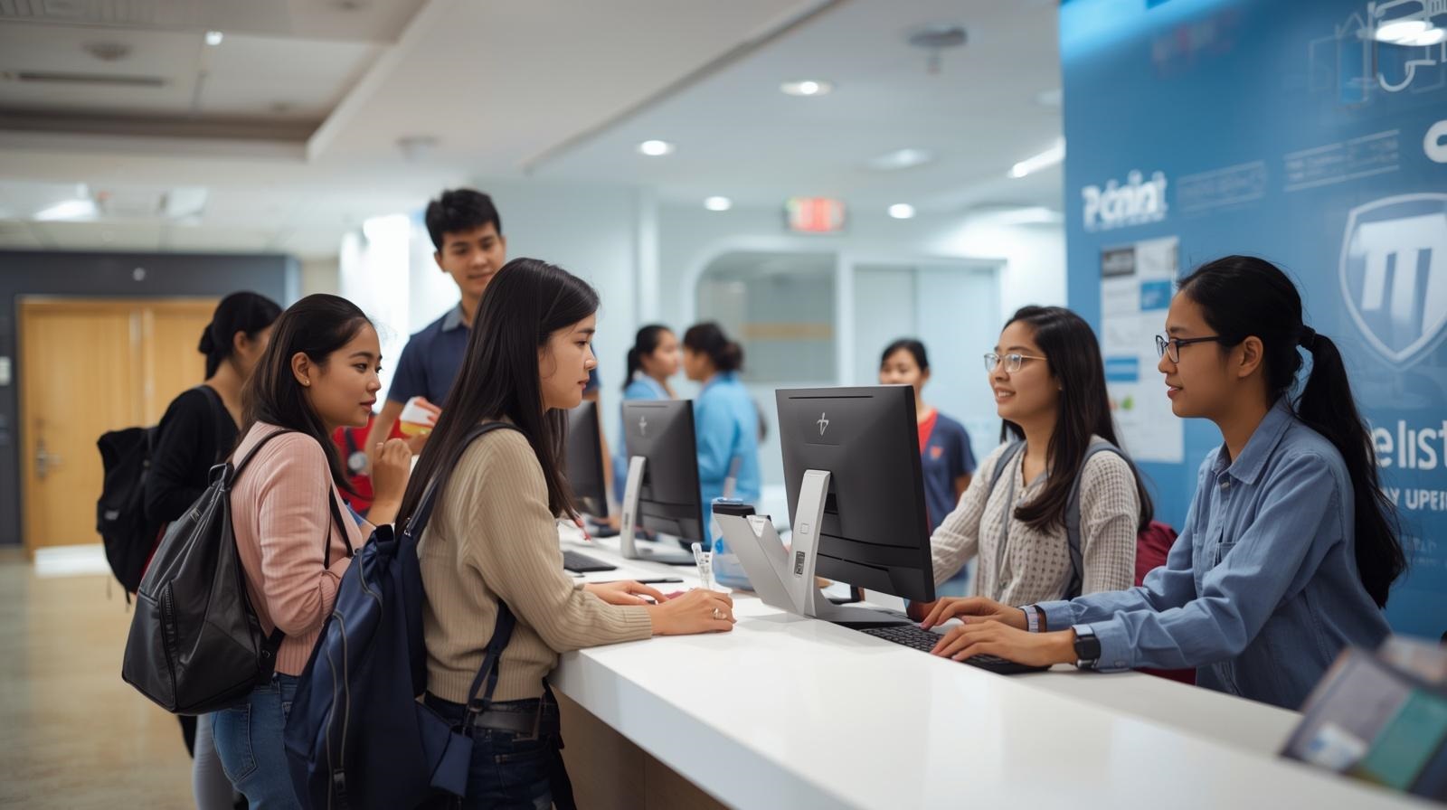 Coaching institute reception area with students at front desk and staff managing admissions on a computer