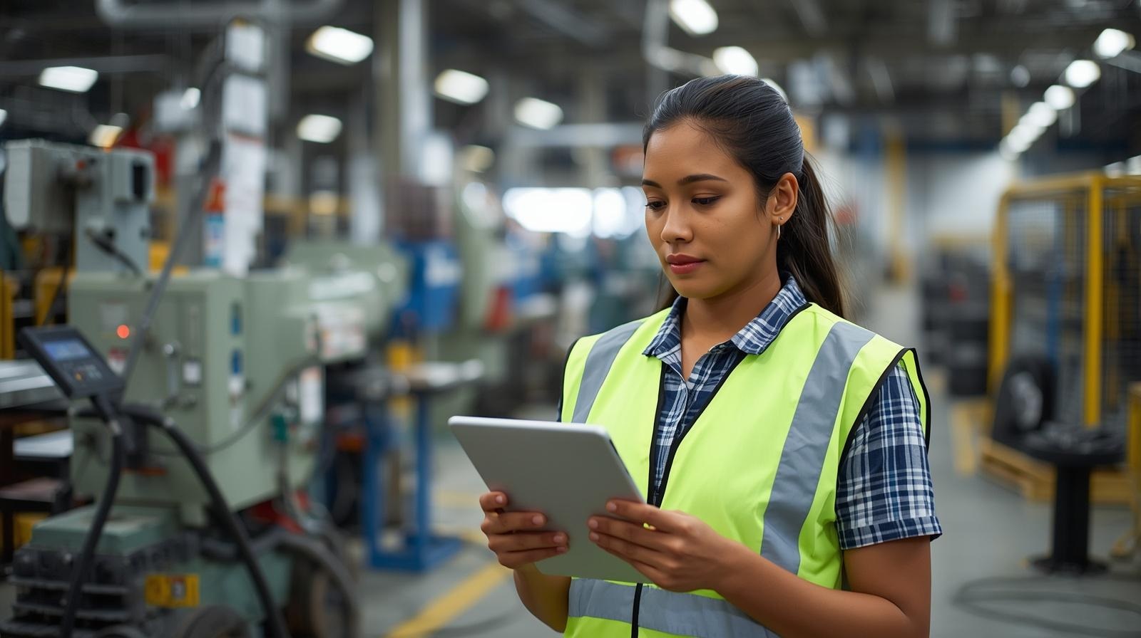 Manufacturing supervisor reviewing job status on tablet at factory floor