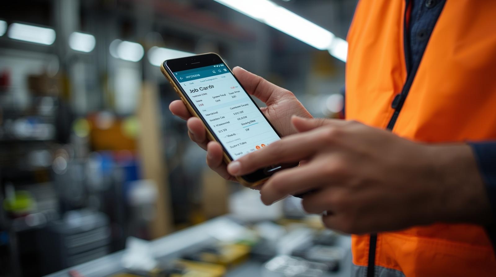 Factory operator using mobile app to update job card at machine